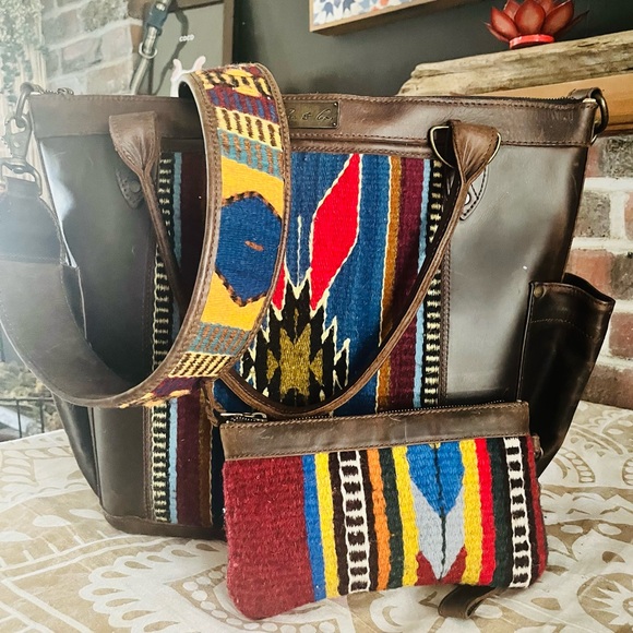 Nena & Co. Handbags - Nena & Co. Brown Leather Tote with Multicolor Southwestern Stripe Accents